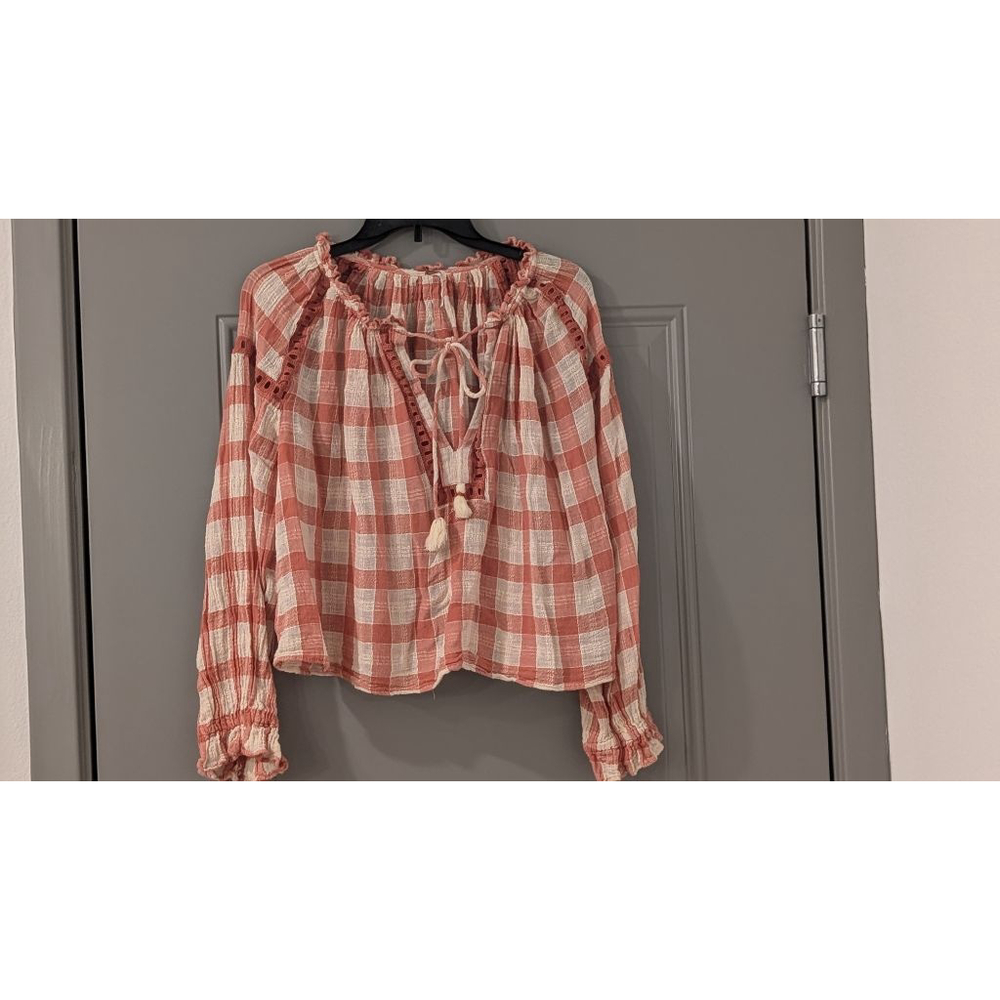 Women's Free People Coral White Plaid Blouse M - Picture 2 of 10